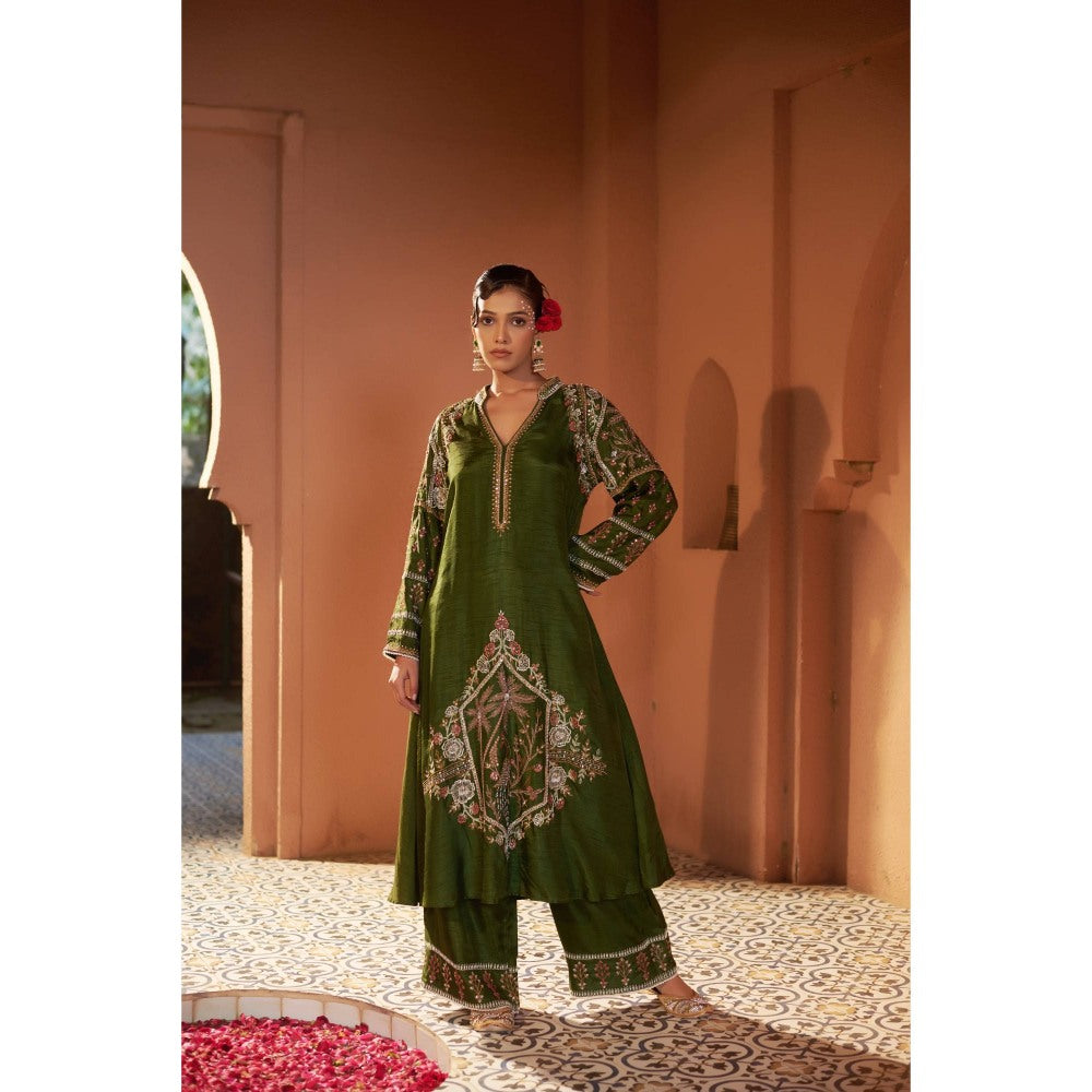 Sonia Khatri Dark Olive Surmai Long Kurta with Palazzo (Set of 2)