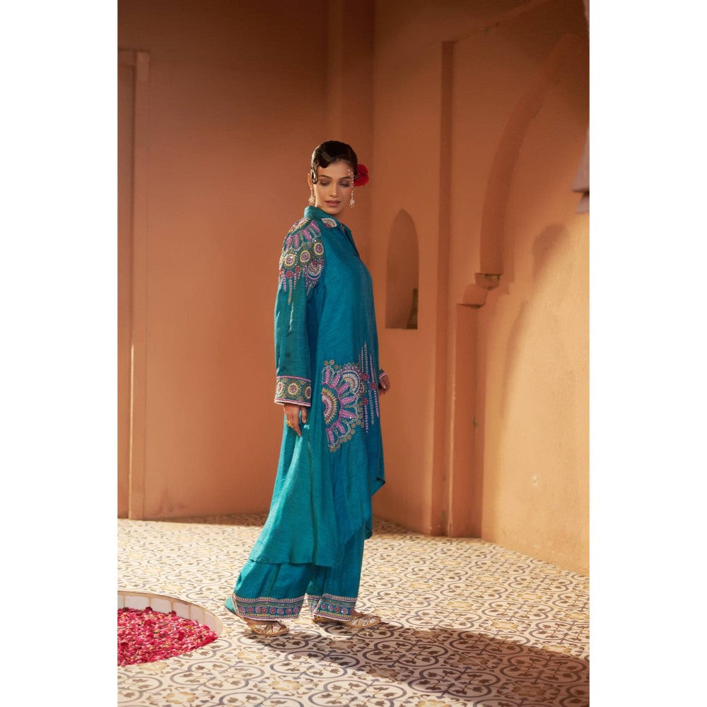 Sonia Khatri Deep Teal Alpana Long Kurta with Palazzo (Set of 2)