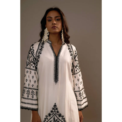 Sonia Khatri White Surmai Long Kurta with Palazzo (Set of 2)