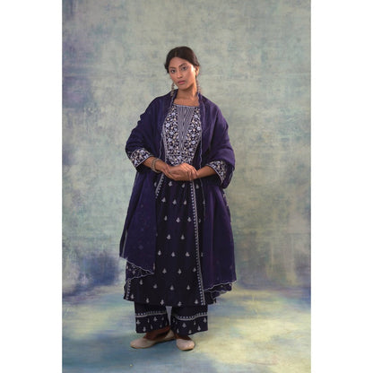 Sonia Khatri Blue Ebony Clay Resham Kurta with Palazzo and Dupatta (Set of 3)