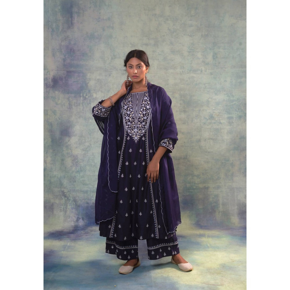 Sonia Khatri Blue Ebony Clay Resham Kurta with Palazzo and Dupatta (Set of 3)