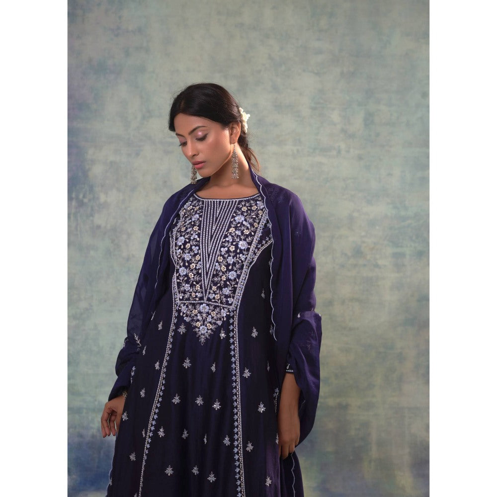 Sonia Khatri Blue Ebony Clay Resham Kurta with Palazzo and Dupatta (Set of 3)