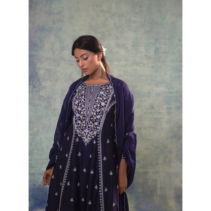 Sonia Khatri Blue Ebony Clay Resham Kurta with Palazzo and Dupatta (Set of 3)