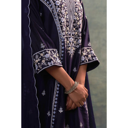 Sonia Khatri Blue Ebony Clay Resham Kurta with Palazzo and Dupatta (Set of 3)