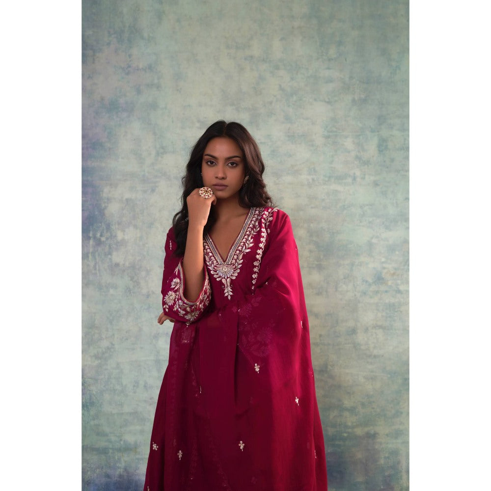 Sonia Khatri Wine Zari Grace Kurta with Palazzo and Dupatta (Set of 3)