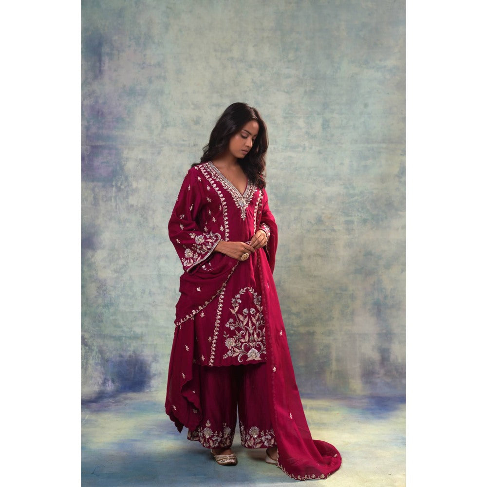 Sonia Khatri Wine Zari Grace Kurta with Palazzo and Dupatta (Set of 3)