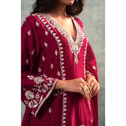 Sonia Khatri Wine Zari Grace Kurta with Palazzo and Dupatta (Set of 3)