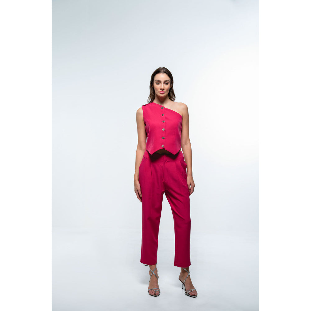 SOTBELLA Asymmetrical One Shoulder Top and Pants Fuchsia Pink (Set of 2)