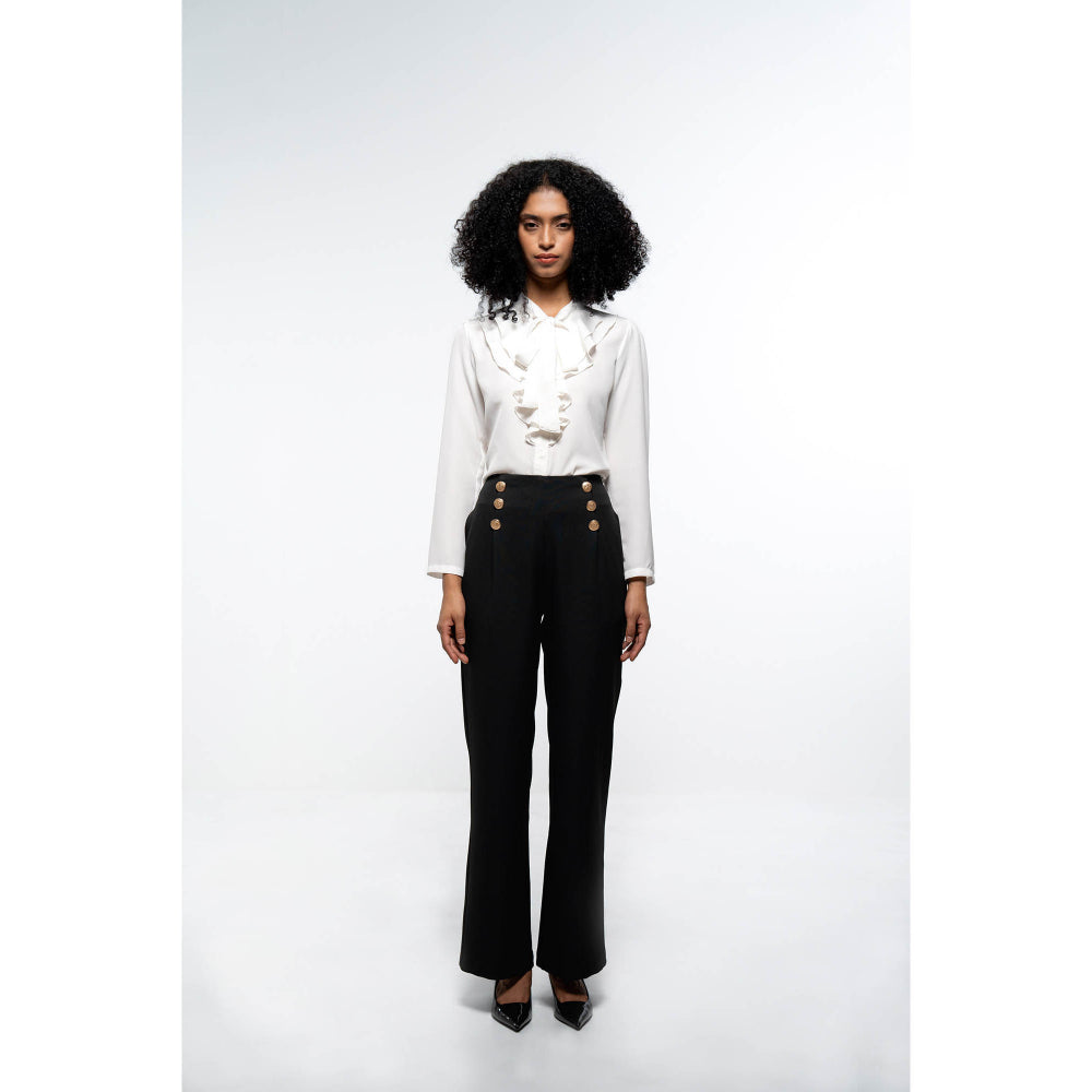 SOTBELLA Elegant White & Black Ruffle Neck Shirt and Wide Leg Pants (Set of 2)