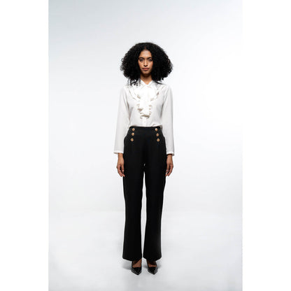 SOTBELLA Elegant White & Black Ruffle Neck Shirt and Wide Leg Pants (Set of 2)