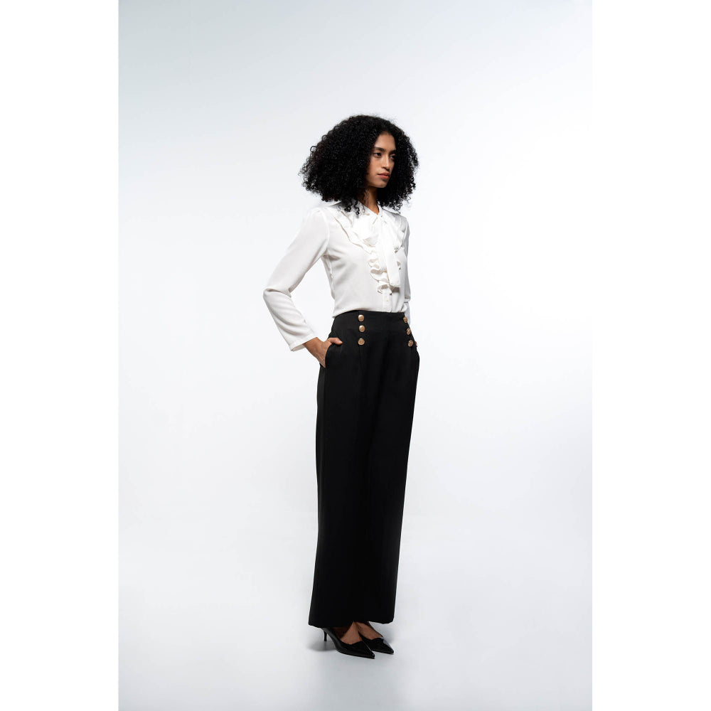 SOTBELLA Elegant White & Black Ruffle Neck Shirt and Wide Leg Pants (Set of 2)