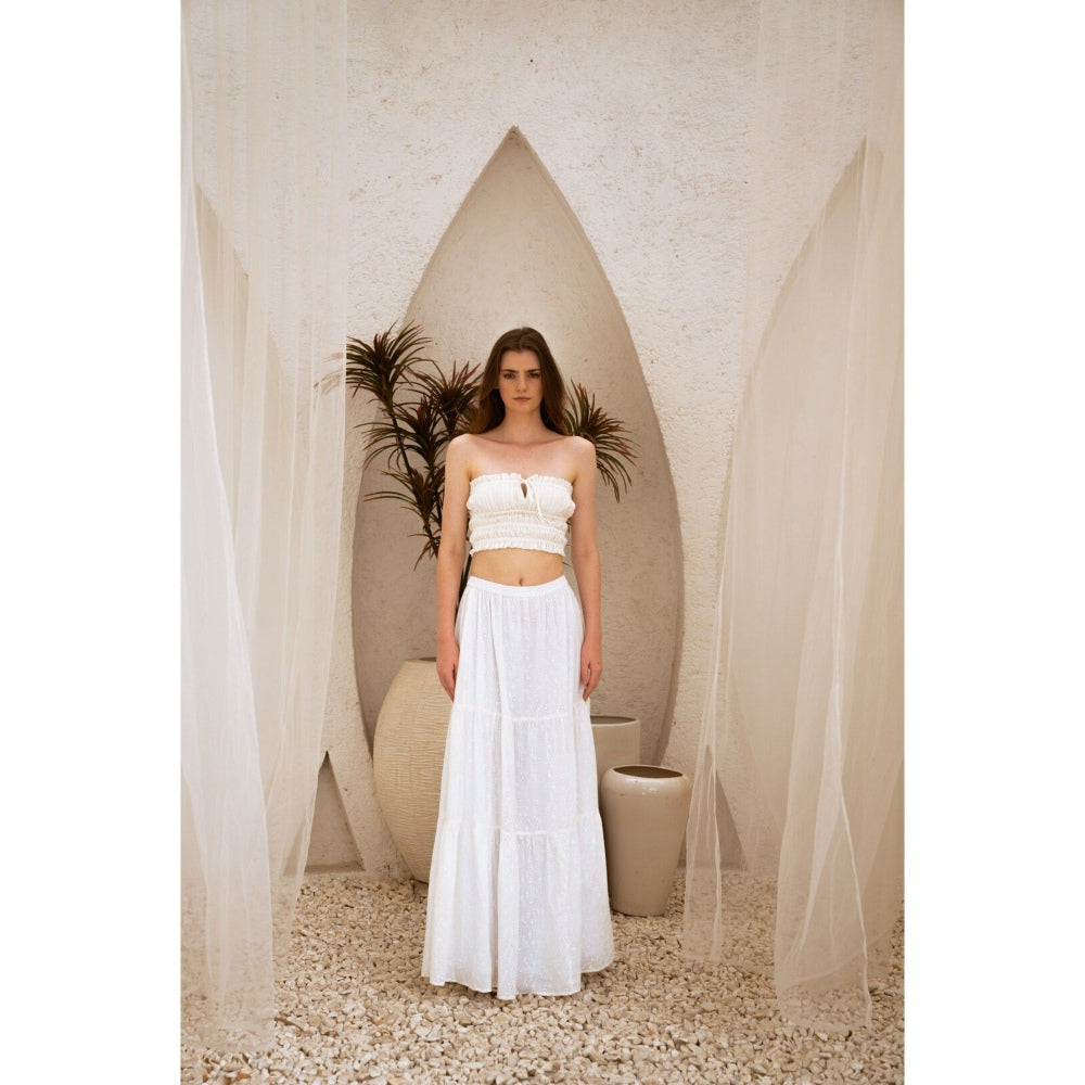 SOTBELLA Dreamy White Self Design Crop Top and Skirt (Set of 2)