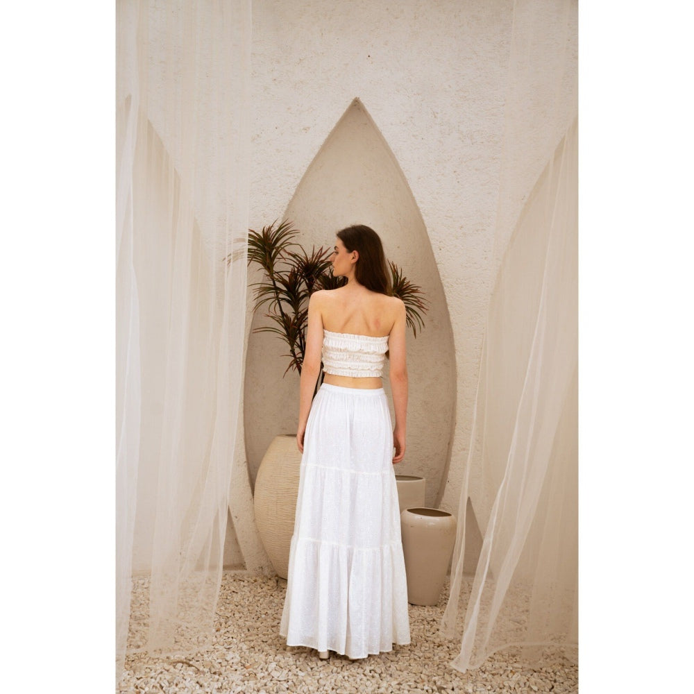 SOTBELLA Dreamy White Self Design Crop Top and Skirt (Set of 2)