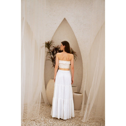SOTBELLA Dreamy White Self Design Crop Top and Skirt (Set of 2)