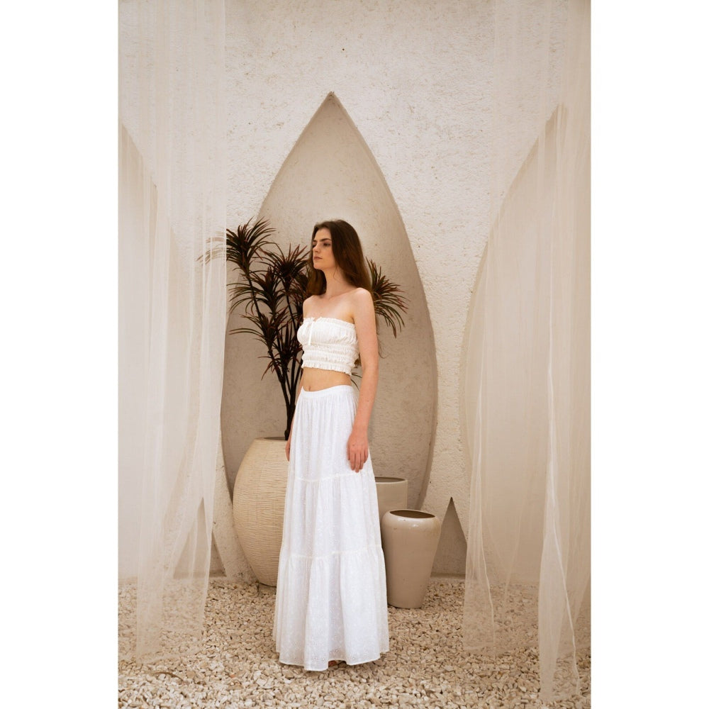SOTBELLA Dreamy White Self Design Crop Top and Skirt (Set of 2)