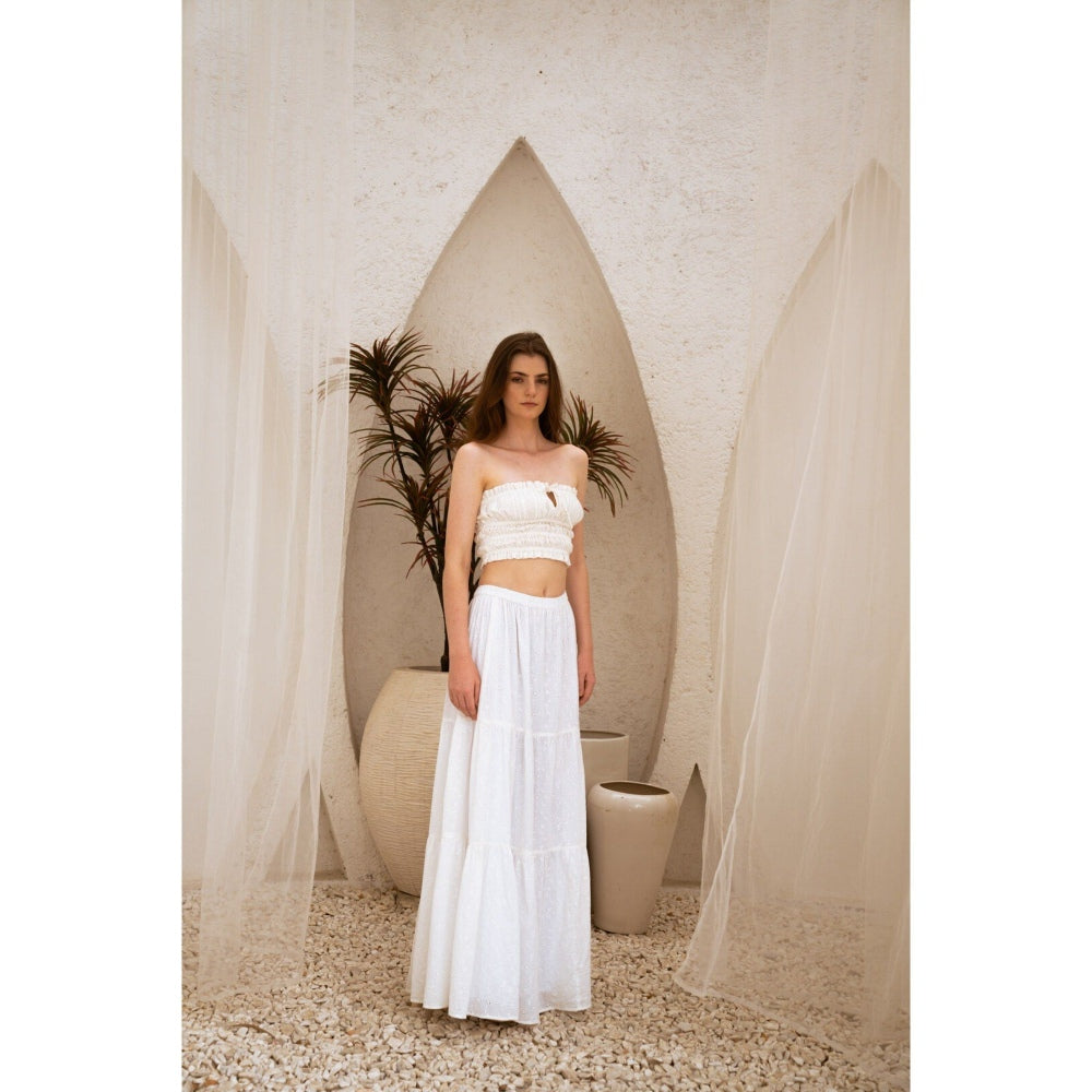 SOTBELLA Dreamy White Self Design Crop Top and Skirt (Set of 2)