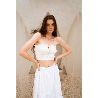 SOTBELLA Dreamy White Self Design Crop Top and Skirt (Set of 2)