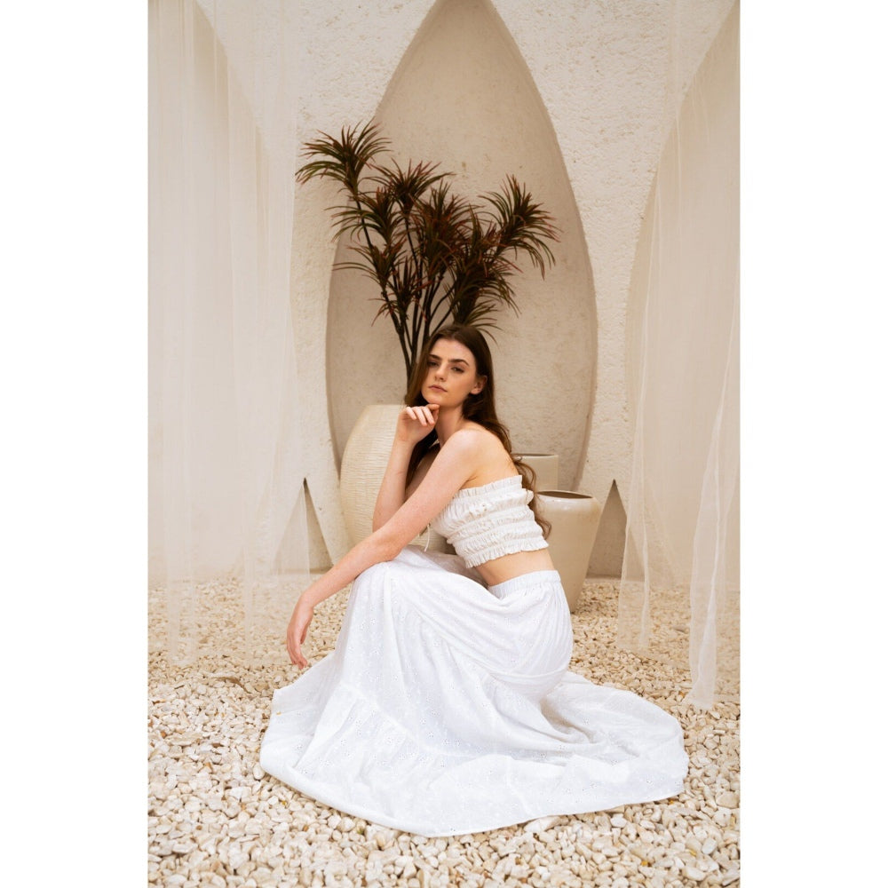 SOTBELLA Dreamy White Self Design Crop Top and Skirt (Set of 2)