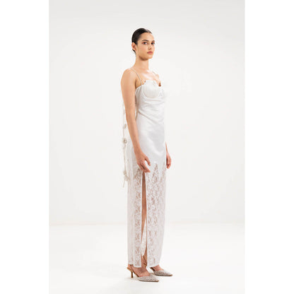 SOTBELLA White Self Design Seashell Pleated Bustier Dress with Rose Detail