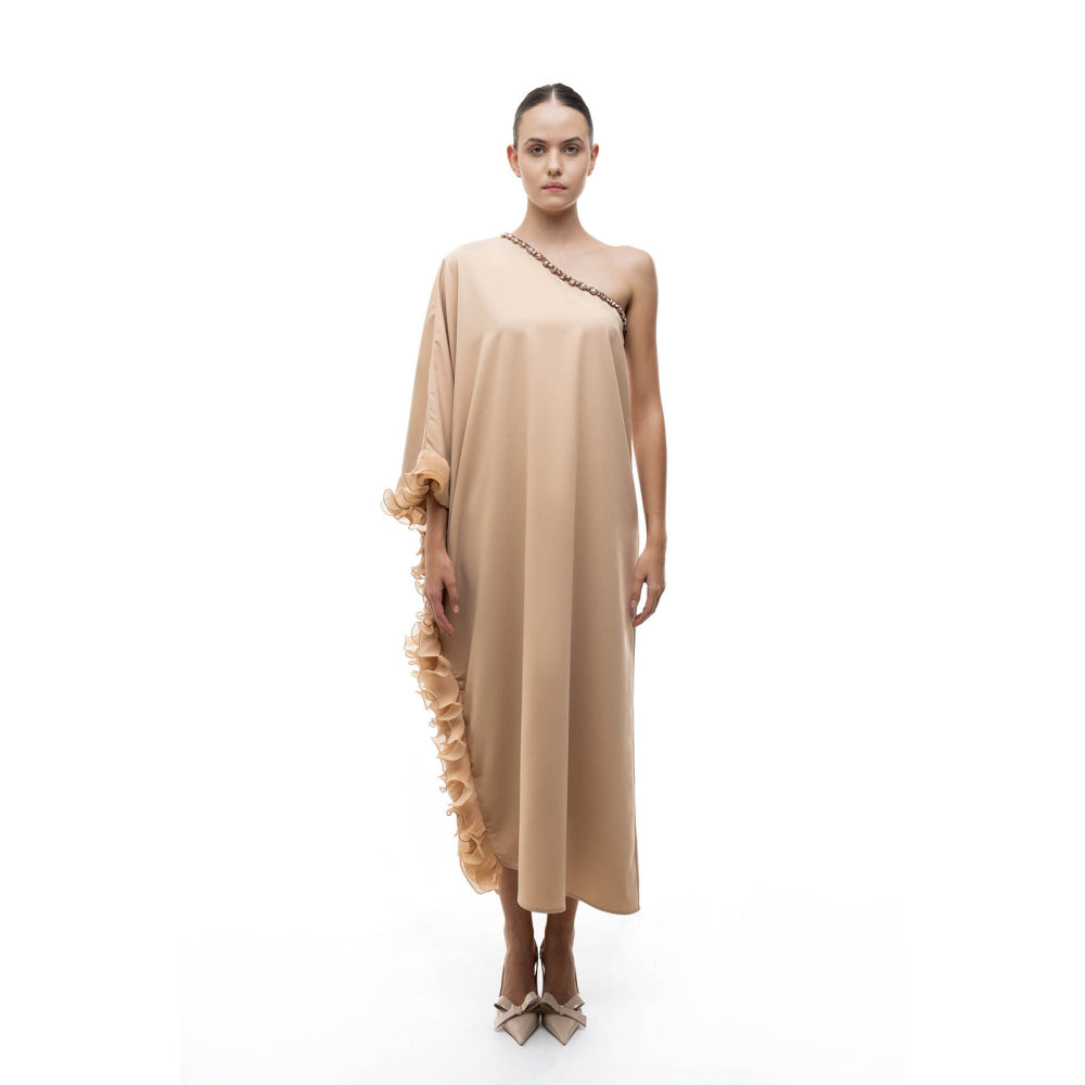 SOTBELLA Beige Embellished/Sequined One Shoulder Kaftan Dress