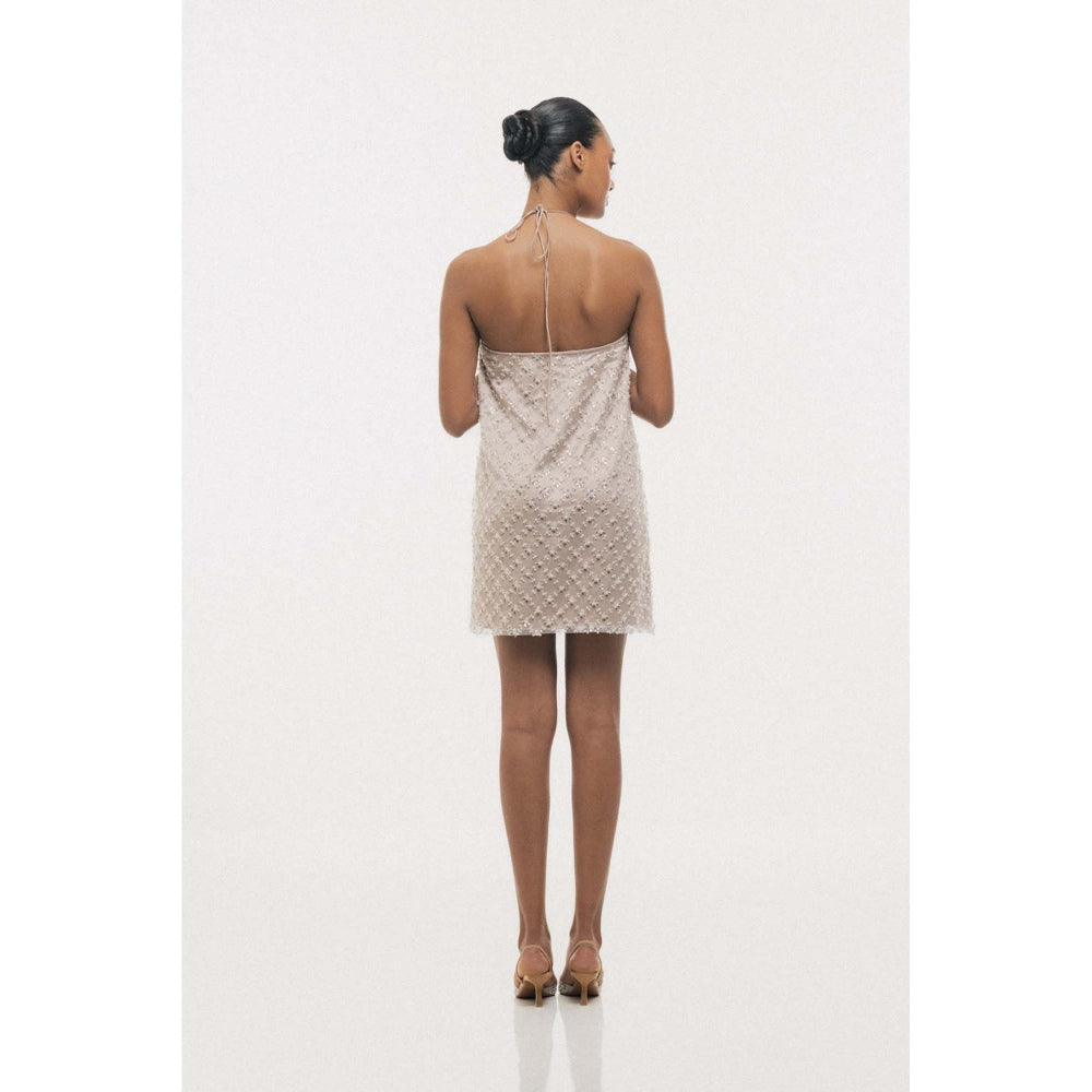 SOTBELLA Beige Beaded Halter-Neck Mini Dress