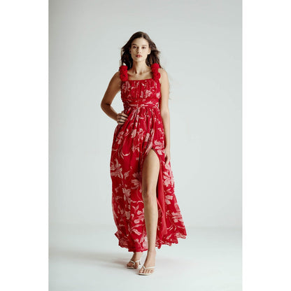 SOTBELLA Red Floral Drape Slit Dress