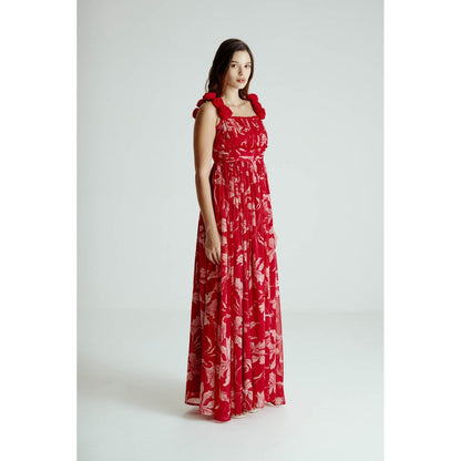 SOTBELLA Red Floral Drape Slit Dress