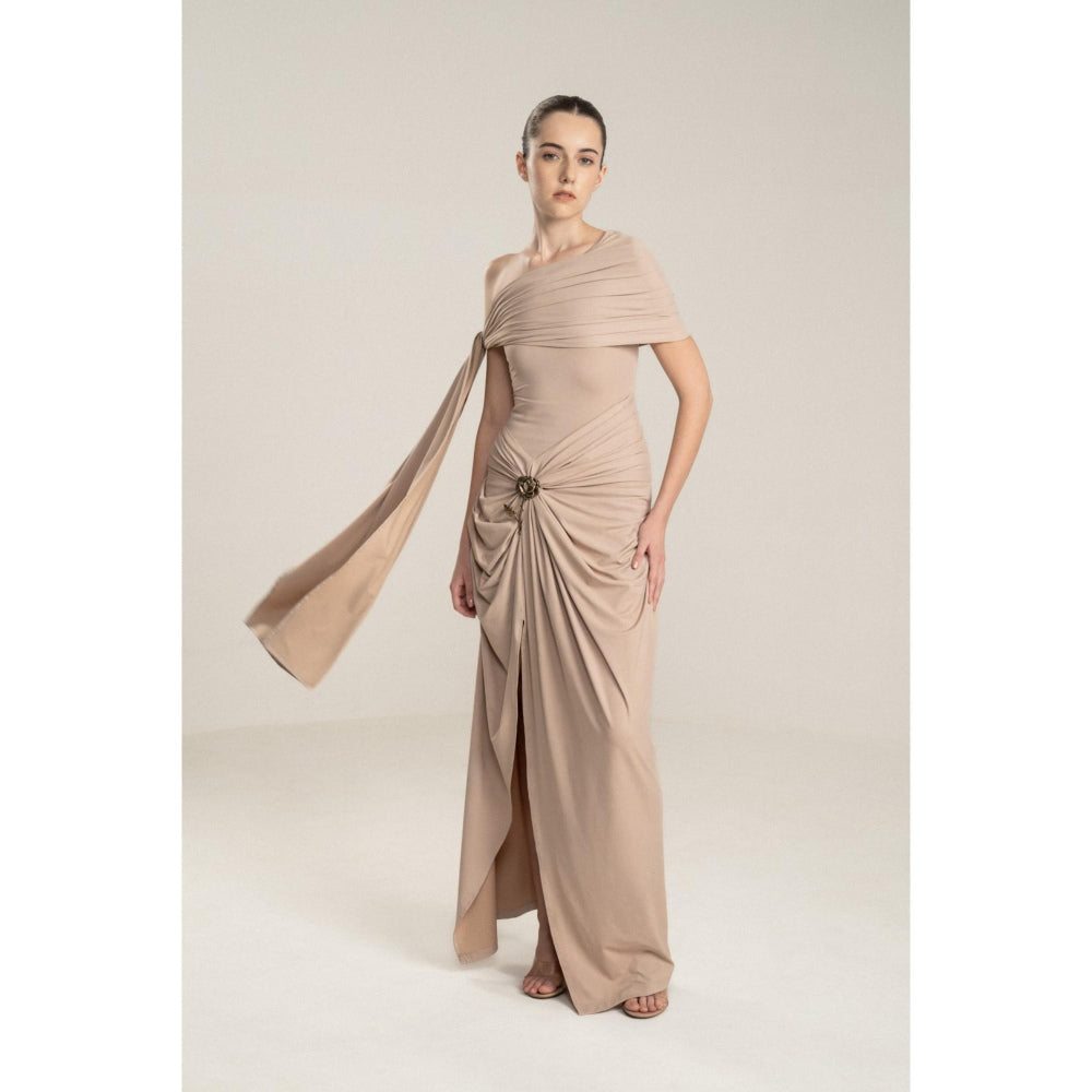 SOTBELLA One-Shoulder Draped Dress with Gold Flower Detail