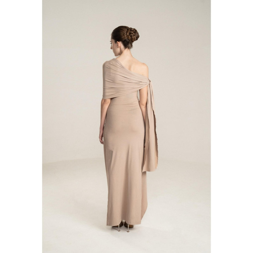 SOTBELLA One-Shoulder Draped Dress with Gold Flower Detail