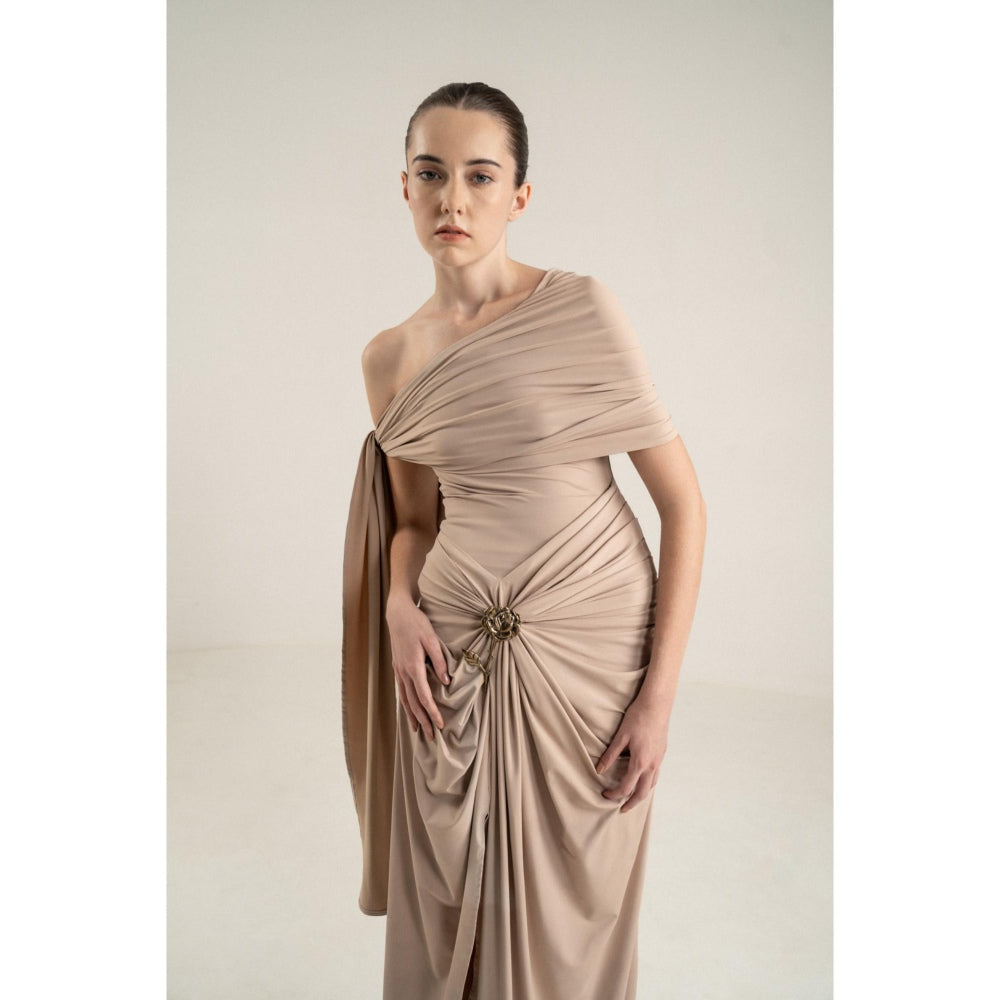 SOTBELLA One-Shoulder Draped Dress with Gold Flower Detail