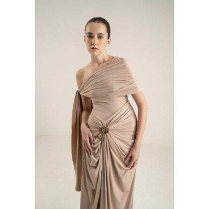 SOTBELLA One-Shoulder Draped Dress with Gold Flower Detail