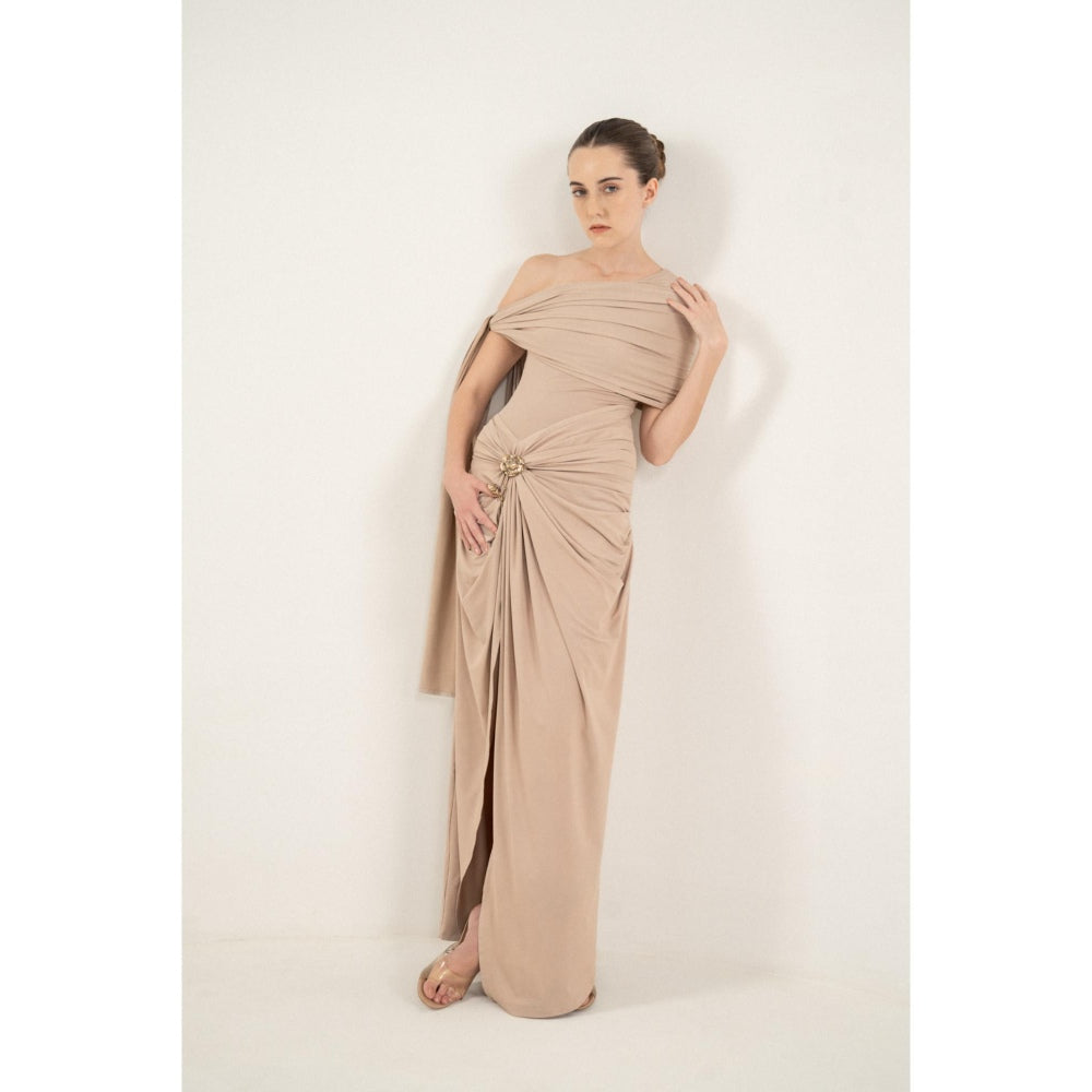 SOTBELLA One-Shoulder Draped Dress with Gold Flower Detail
