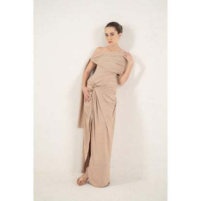 SOTBELLA One-Shoulder Draped Dress with Gold Flower Detail