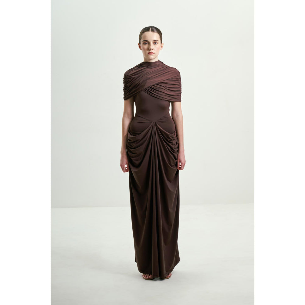 SOTBELLA Brown Draped Gown with Detachable Cape
