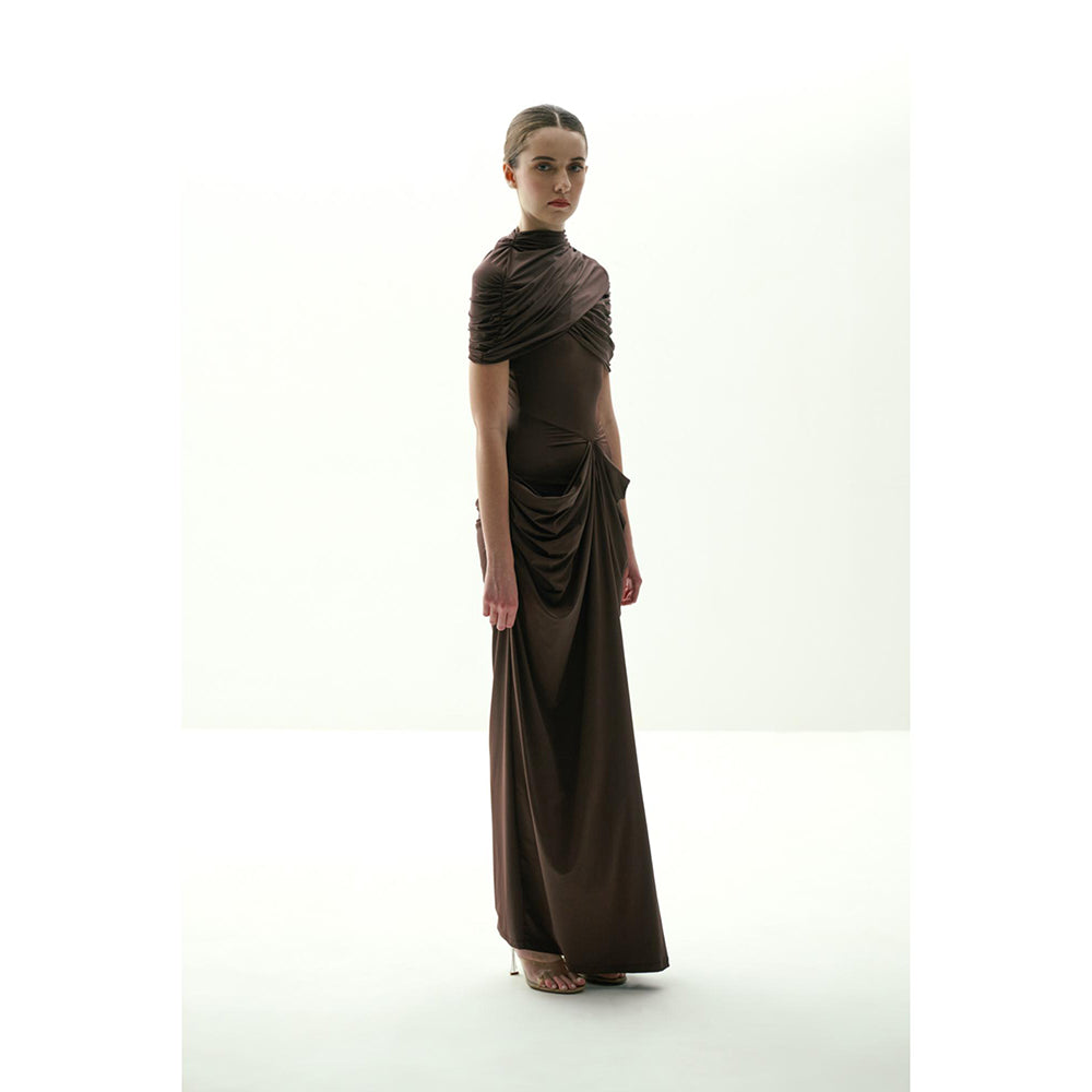 SOTBELLA Brown Draped Gown with Detachable Cape