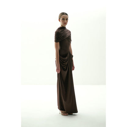 SOTBELLA Brown Draped Gown with Detachable Cape