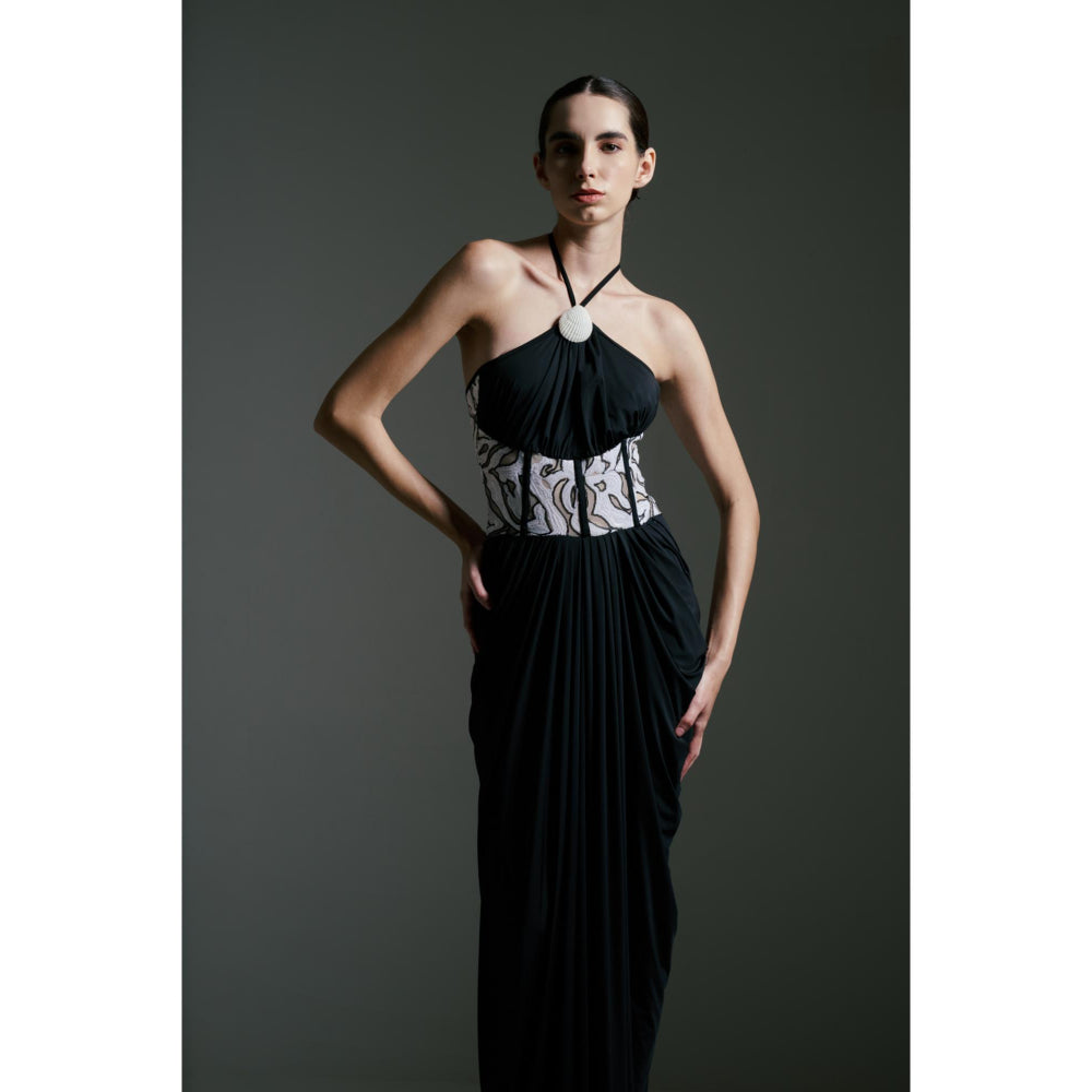 SOTBELLA Black Draped Gown with Monochrome Sequin Corset