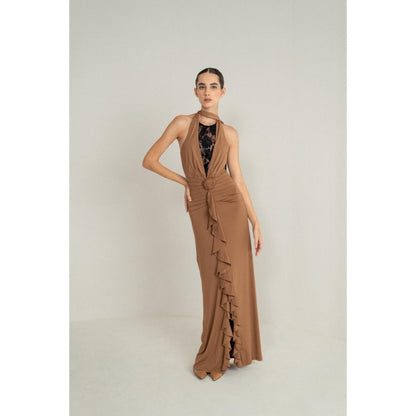 SOTBELLA Camel Drape Halter Gown with Rosette Detail and Lace Insert
