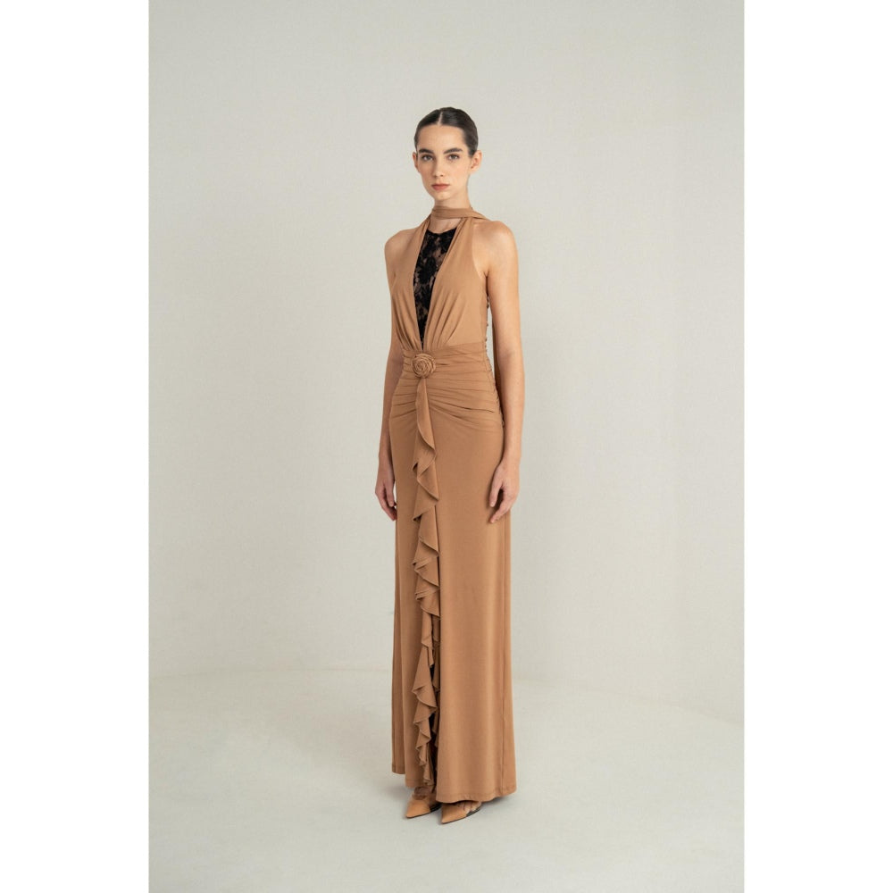 SOTBELLA Camel Drape Halter Gown with Rosette Detail and Lace Insert