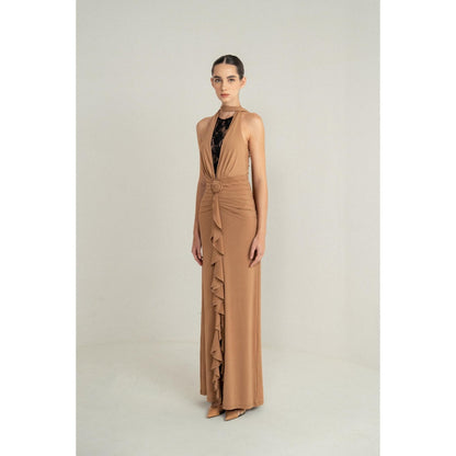SOTBELLA Camel Drape Halter Gown with Rosette Detail and Lace Insert