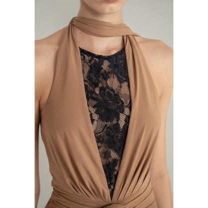 SOTBELLA Camel Drape Halter Gown with Rosette Detail and Lace Insert