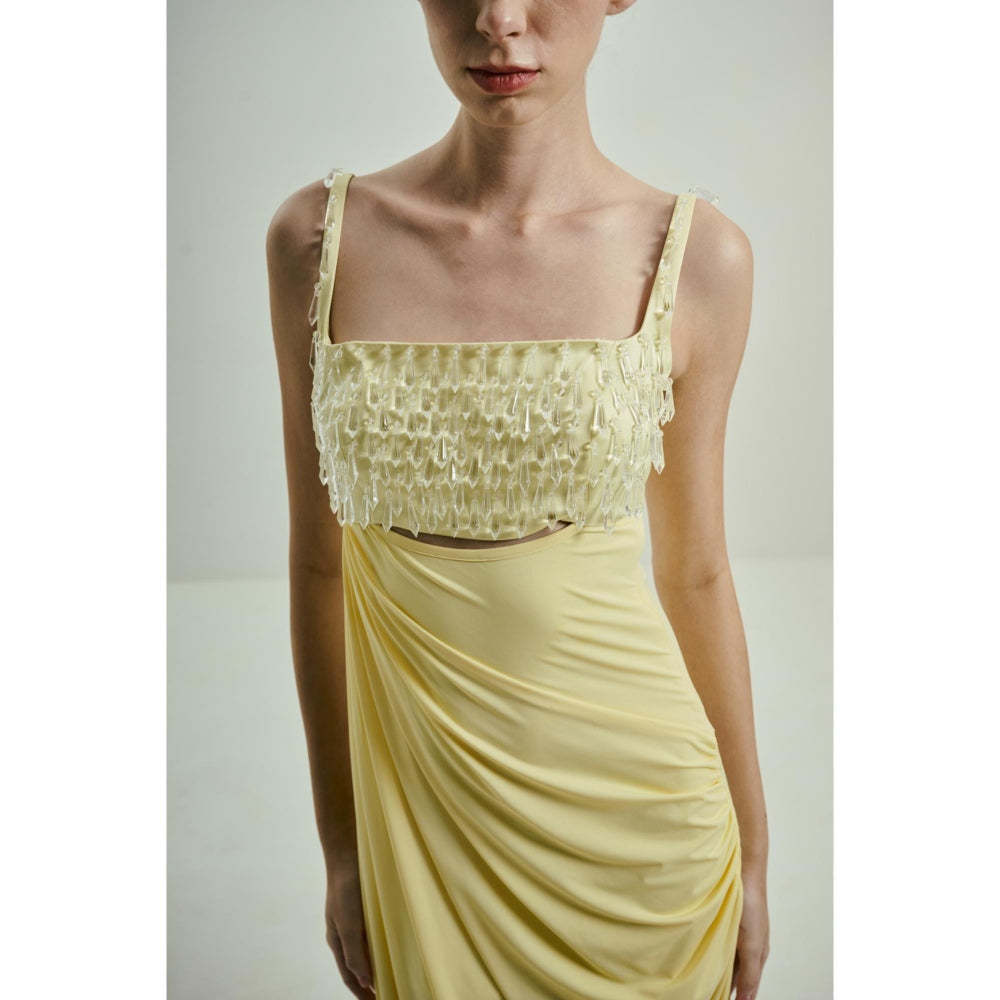 SOTBELLA Butter Yellow Draped Gown with Crystal-Embellished Bust
