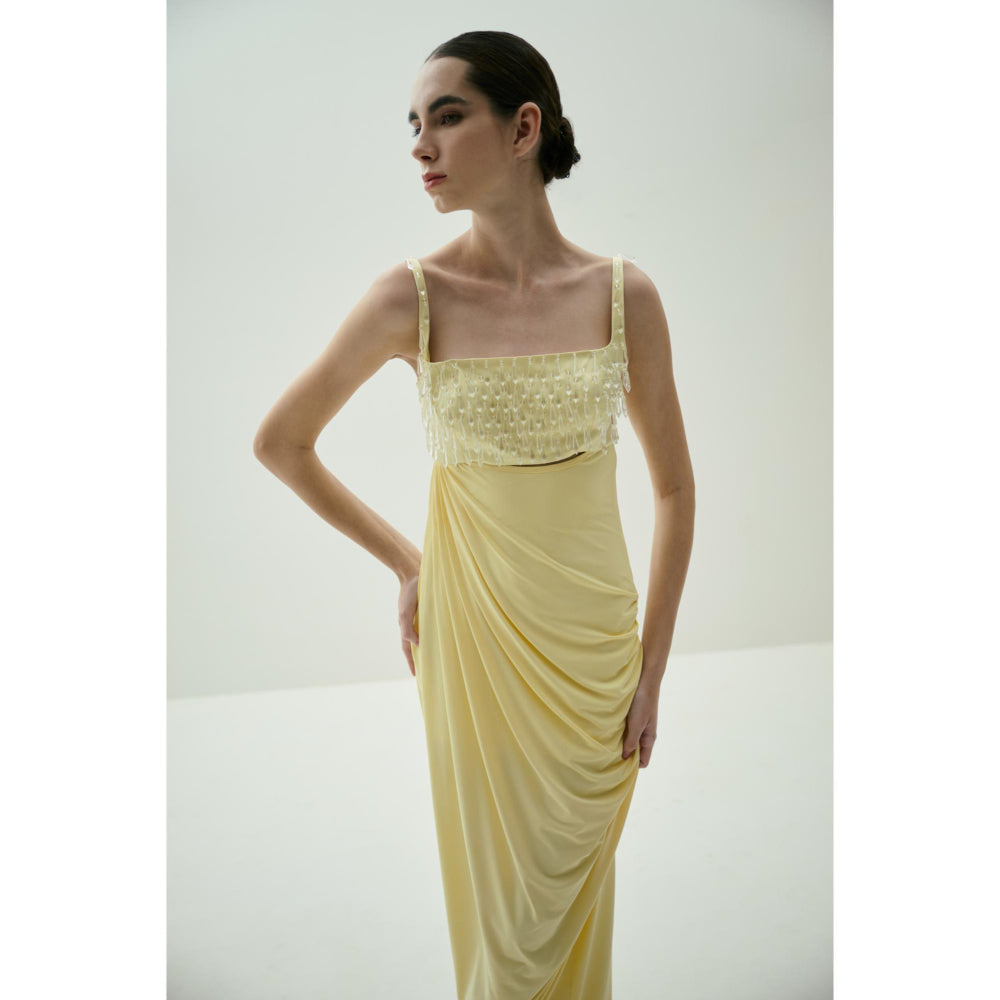 SOTBELLA Butter Yellow Draped Gown with Crystal-Embellished Bust