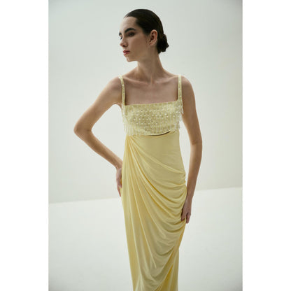 SOTBELLA Butter Yellow Draped Gown with Crystal-Embellished Bust