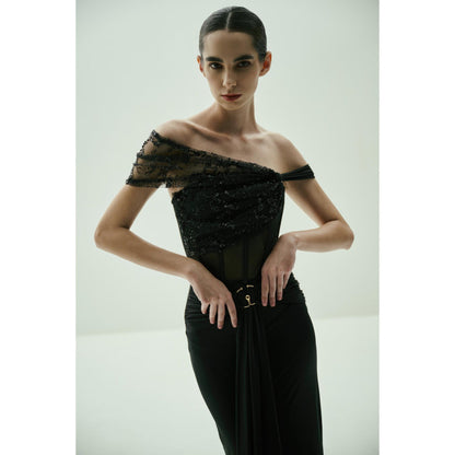 SOTBELLA Black Sequined Off-Shoulder Gown