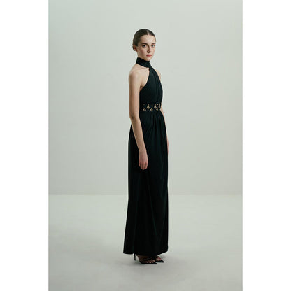 SOTBELLA Black One-Shoulder Draped Gown with Embellished Waist