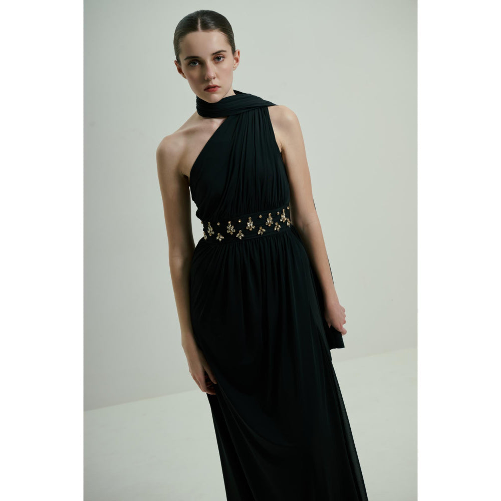SOTBELLA Black One-Shoulder Draped Gown with Embellished Waist