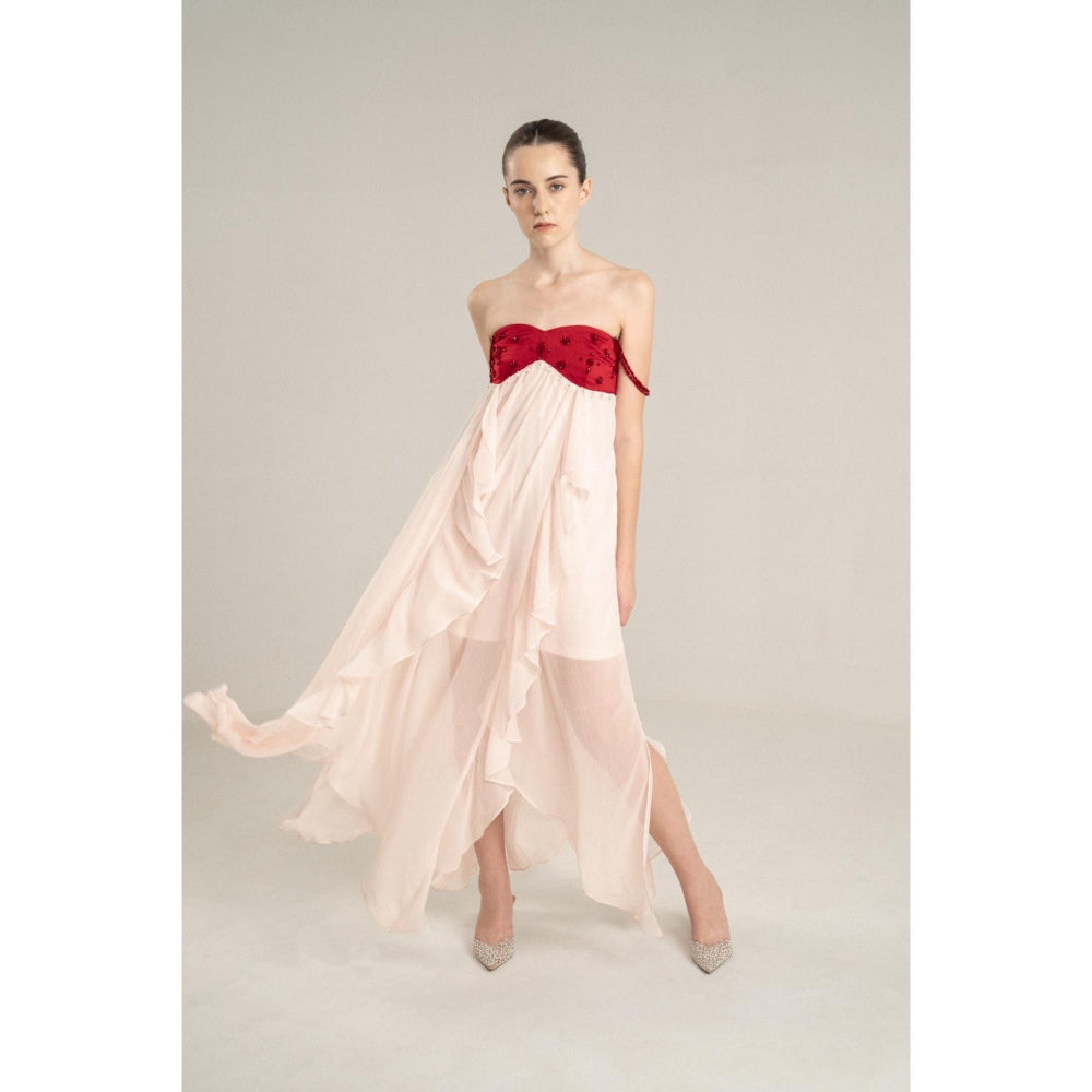 SOTBELLA Pink Flowing Midi Dress with Red Embellished Bustier