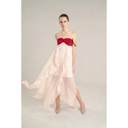 SOTBELLA Pink Flowing Midi Dress with Red Embellished Bustier