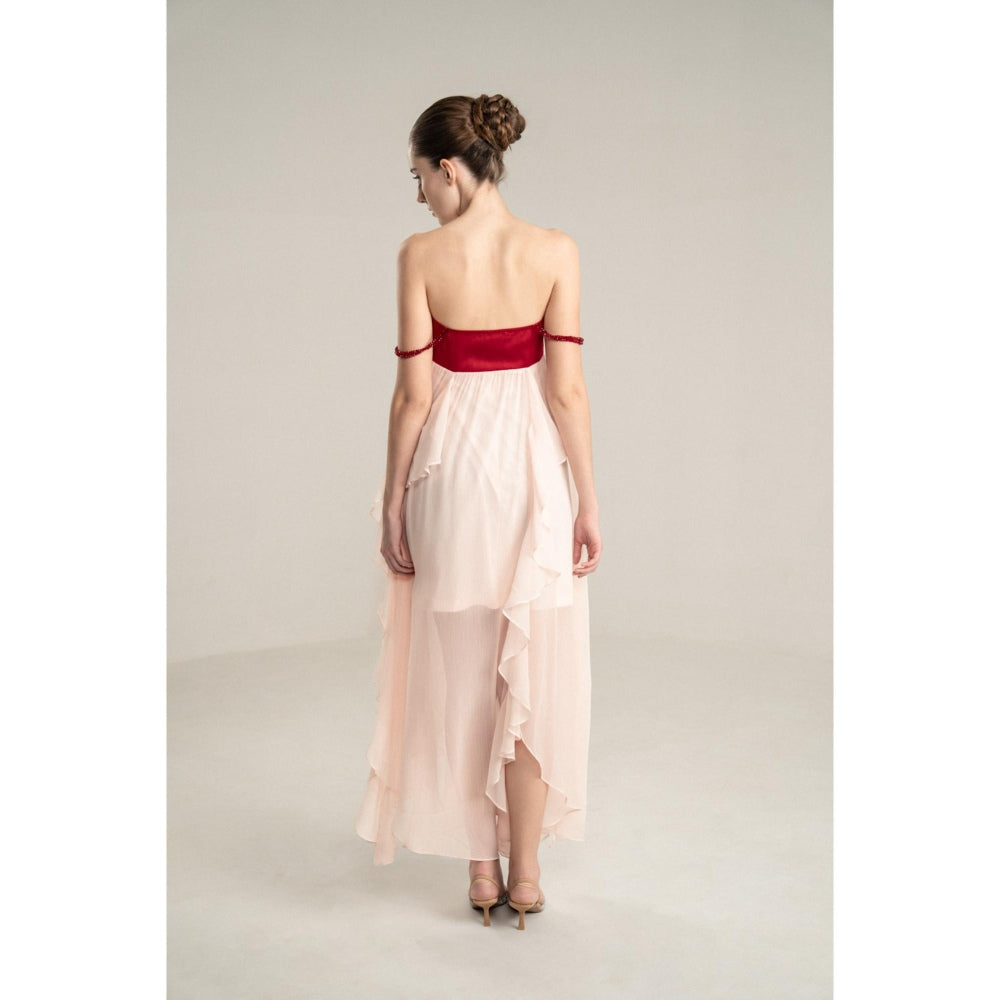 SOTBELLA Pink Flowing Midi Dress with Red Embellished Bustier